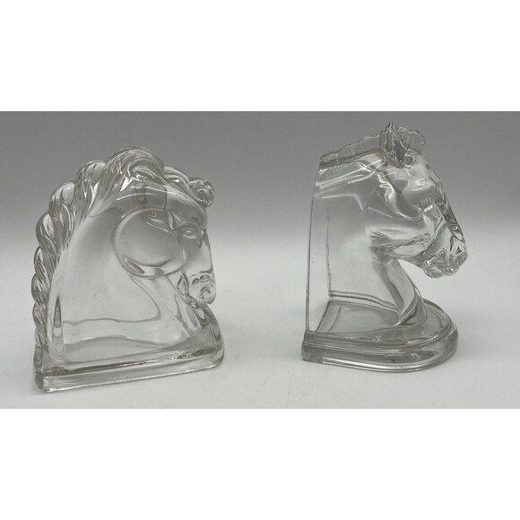 Vintage crystal GLASS HORSE HEAD BOOKENDS Mismatched set - Picture 1 of 7